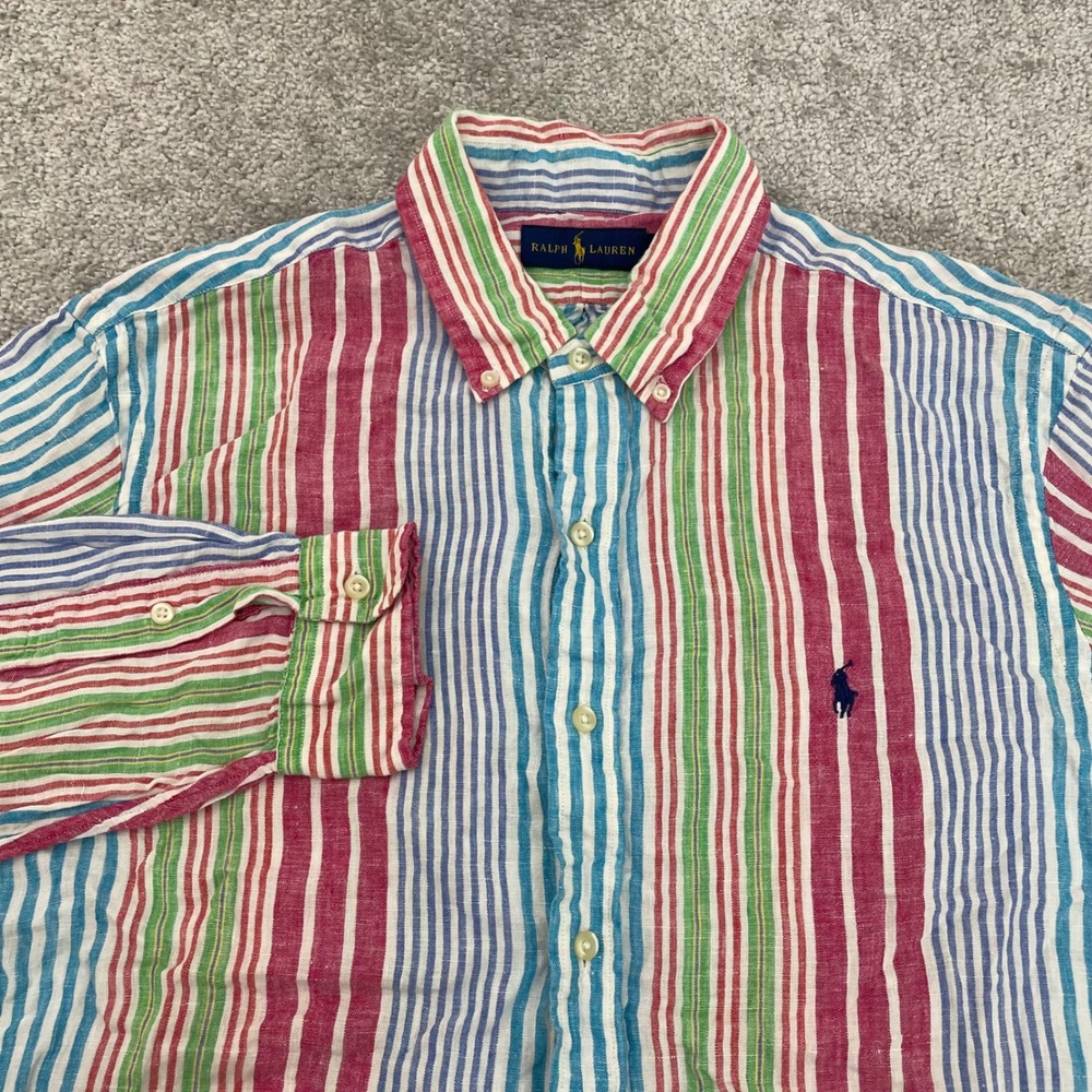 Ralph Lauren Linen Button Down Shirt Mens Large Multi Color Stripe Pastel Preppy
